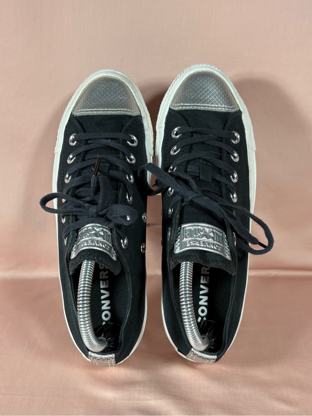 Converse All Star Blk Canvas With Silver Toe Cap/Heel Strip Sneakers W's SZ 8 - Picture 5 of 12